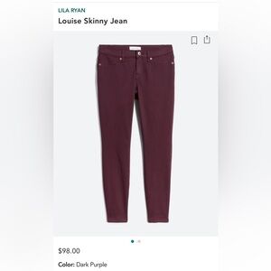 Lila Ryan Louise Skinny Jean Maroon Size 12